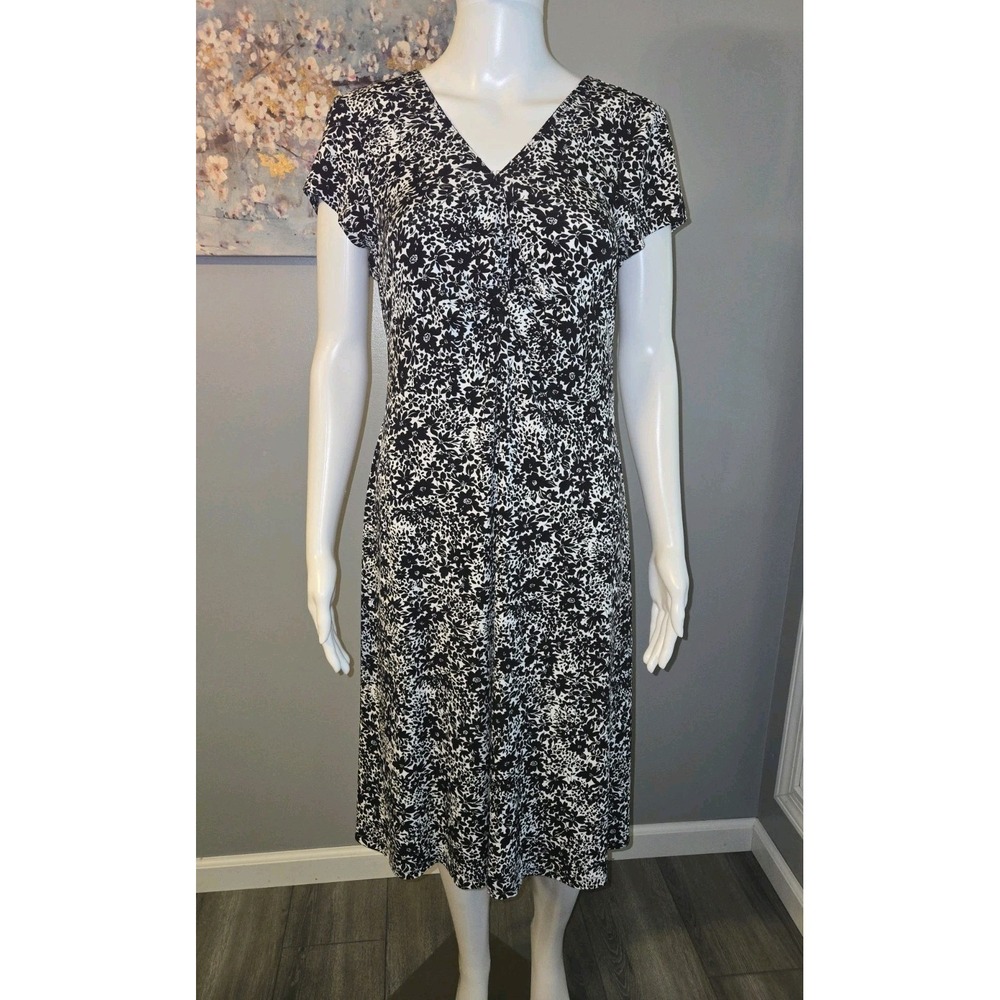 Connected Petite Floral Midi Dress Black White V-Neck Short Sleeve 14P T44918187